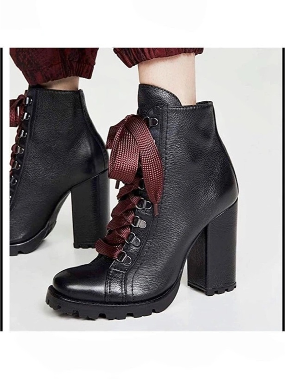 Schutz Black Leather Laced Block Heel Lug Sole Booties Black & Red Leather